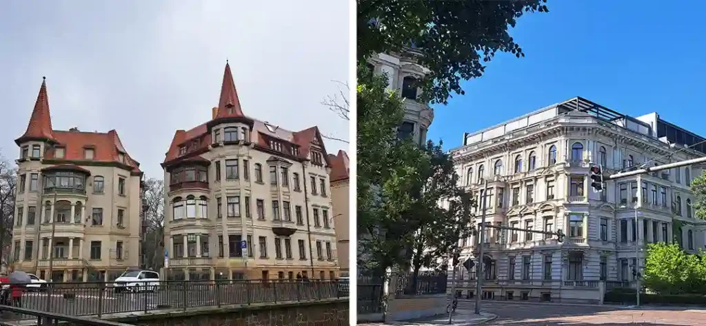 Fotos dienen als Vorlage für meine Tuschezeichnungen mit Leipzig Motiven. Links: Liviaplatz im Waldstraßenviertel, rechts: Edvard-Grieg-Allee